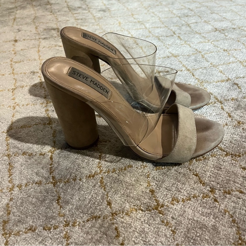 Steve Madden Cheers Sandals Strap Clear Block Heel Women Size 8 Leather Tan - Picture 3 of 8